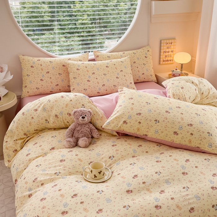 91家纺网 家纺一手货源 找家纺 爱多多家居 2026新款双层纱针织棉印花四件套 欢乐颂