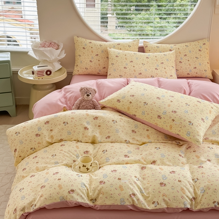 91家纺网 家纺一手货源 找家纺 爱多多家居 2026新款双层纱针织棉印花四件套 欢乐颂