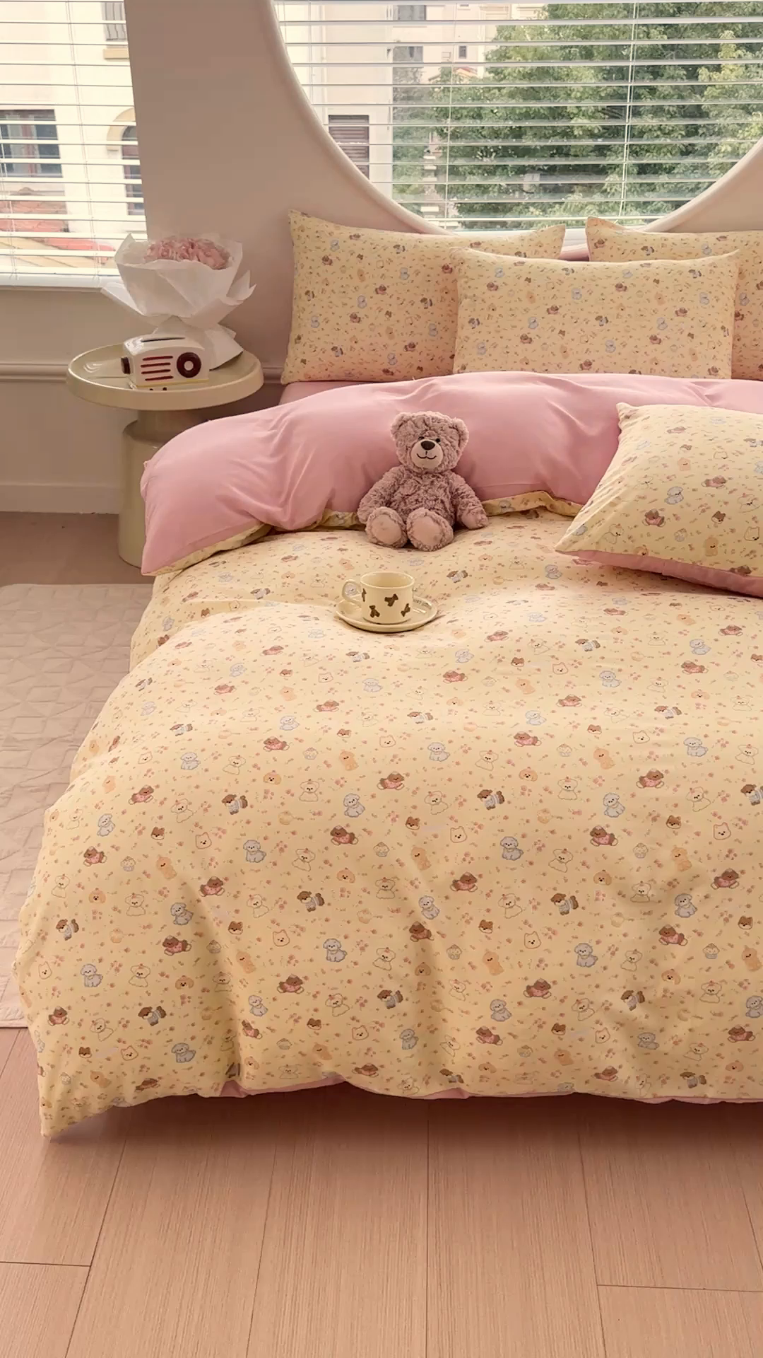 91家纺网 家纺一手货源 找家纺 爱多多家居 2026新款双层纱针织棉印花四件套 欢乐颂