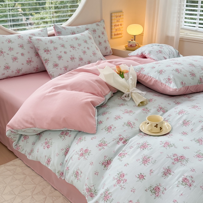 91家纺网 家纺一手货源 找家纺 爱多多家居 2026新款双层纱针织棉印花四件套 玫瑰花园