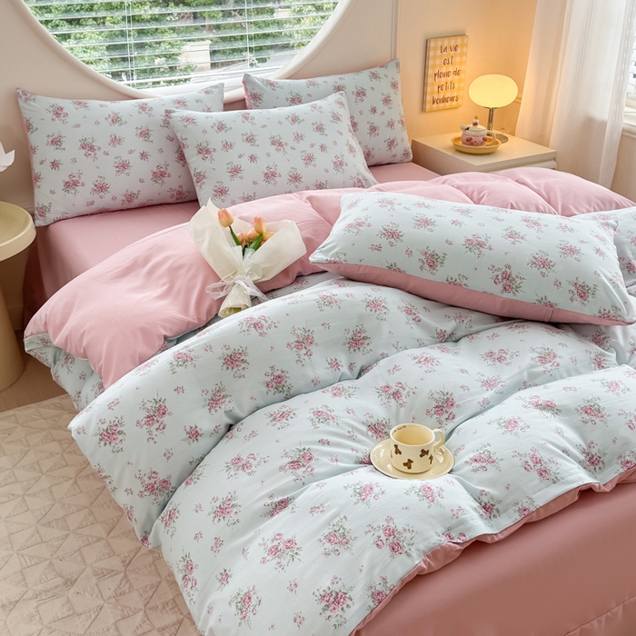 爱多多家居 2026新款双层纱针织棉印花四件套 玫瑰花园