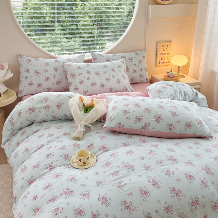 91家纺网 家纺一手货源 找家纺 爱多多家居 2026新款双层纱针织棉印花四件套 玫瑰花园