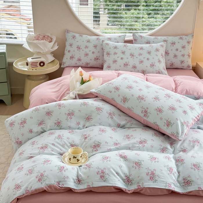 91家纺网 家纺一手货源 找家纺 爱多多家居 2026新款双层纱针织棉印花四件套 玫瑰花园