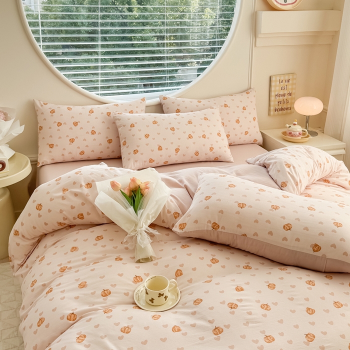 91家纺网 家纺一手货源 找家纺 爱多多家居 2026新款双层纱针织棉印花四件套 南瓜派