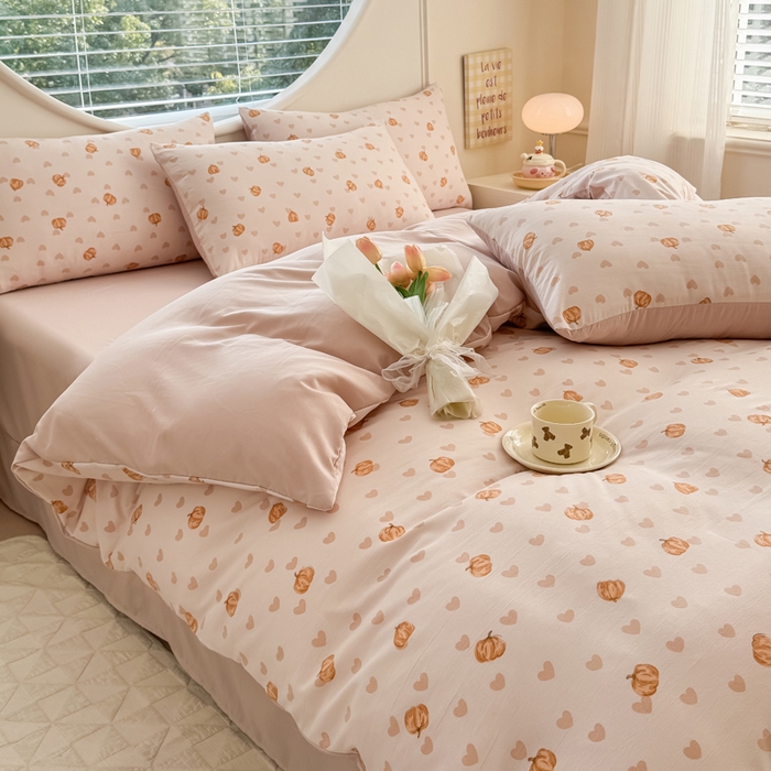 91家纺网 家纺一手货源 找家纺 爱多多家居 2026新款双层纱针织棉印花四件套 南瓜派