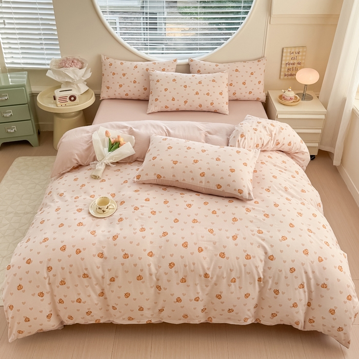 91家纺网 家纺一手货源 找家纺 爱多多家居 2026新款双层纱针织棉印花四件套 南瓜派