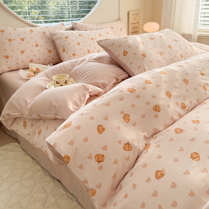 91家纺网 家纺一手货源 找家纺 爱多多家居 2026新款双层纱针织棉印花四件套 南瓜派