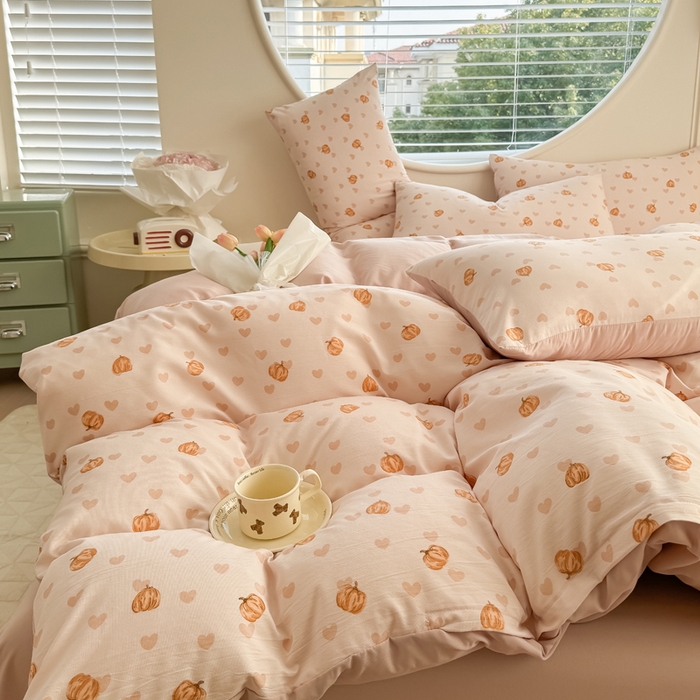 91家纺网 家纺一手货源 找家纺 爱多多家居 2026新款双层纱针织棉印花四件套 南瓜派