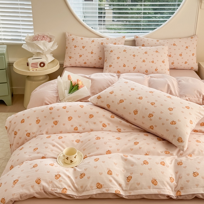 91家纺网 家纺一手货源 找家纺 爱多多家居 2026新款双层纱针织棉印花四件套 南瓜派