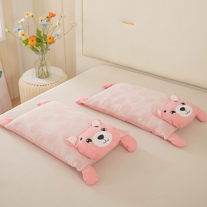 91家纺网 家纺一手货源 找家纺 （总）梦莱家纺 2026新款波点熊水洗棉麻荞麦枕