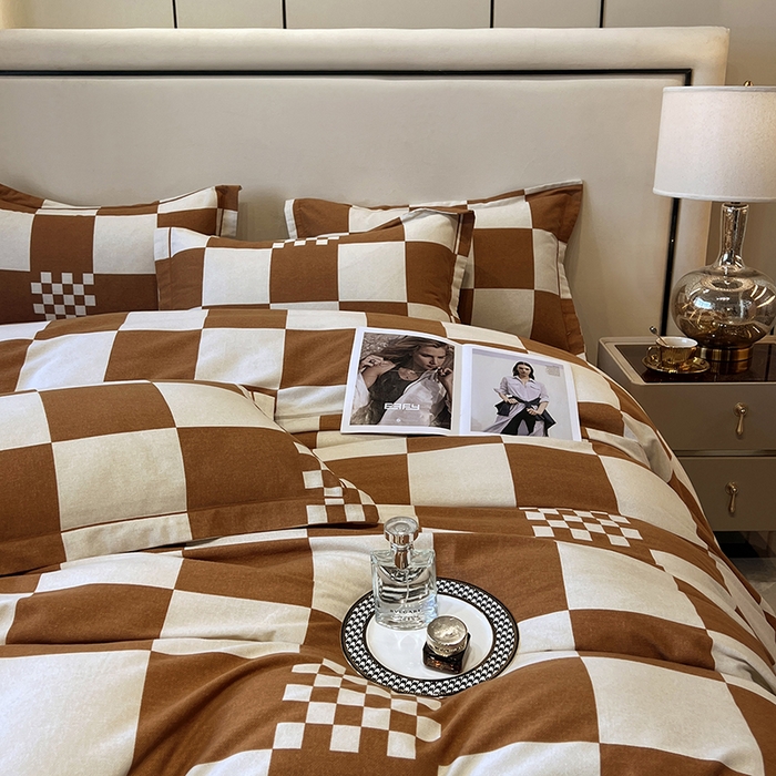 91家纺网 家纺一手货源 找家纺 塞纳 2026新款铂金暖绒加厚磨毛四件套 棋盘格-桔