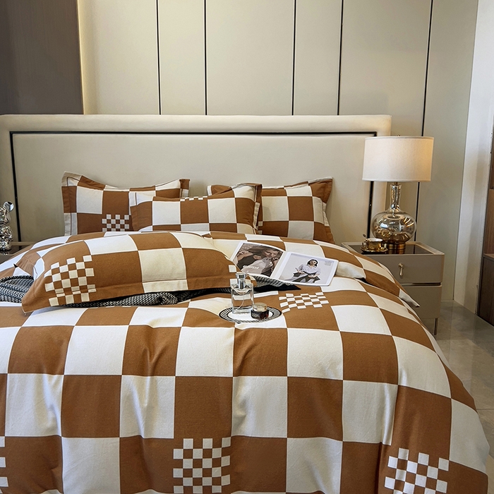 91家纺网 家纺一手货源 找家纺 塞纳 2026新款铂金暖绒加厚磨毛四件套 棋盘格-桔