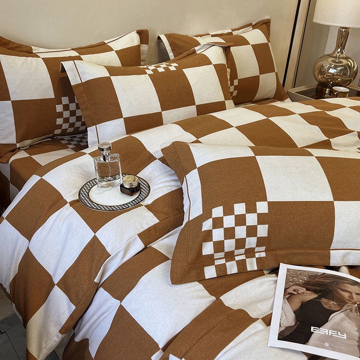 91家纺网 家纺一手货源 找家纺 塞纳 2026新款铂金暖绒加厚磨毛四件套 棋盘格-桔