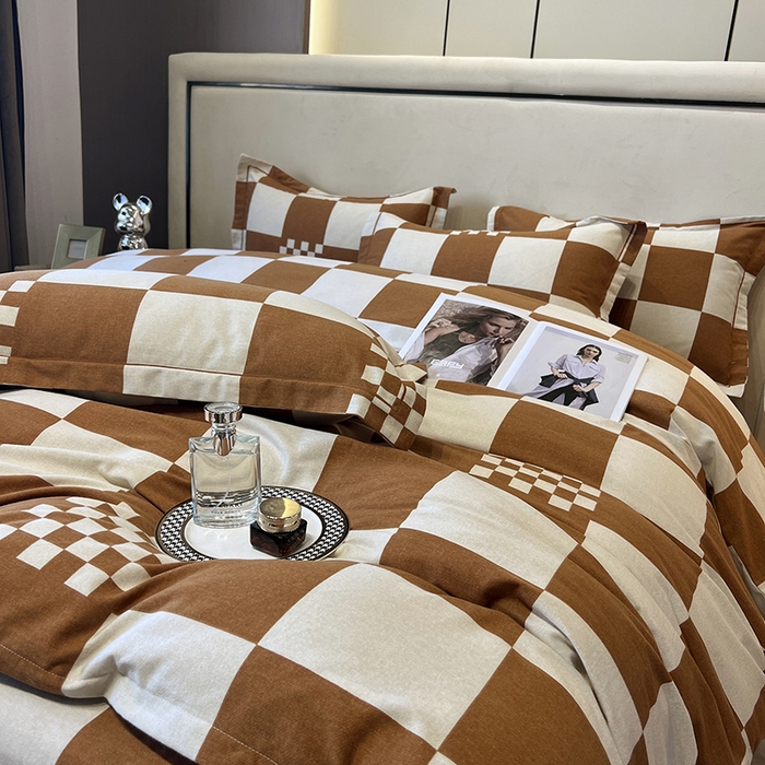 91家纺网 家纺一手货源 找家纺 塞纳 2026新款铂金暖绒加厚磨毛四件套 棋盘格-桔