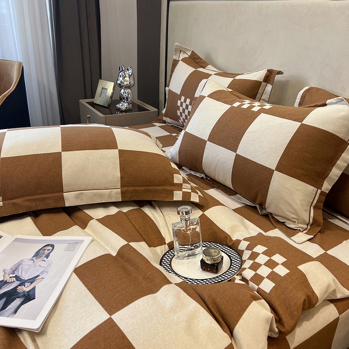 91家纺网 家纺一手货源 找家纺 塞纳 2026新款铂金暖绒加厚磨毛四件套 棋盘格-桔