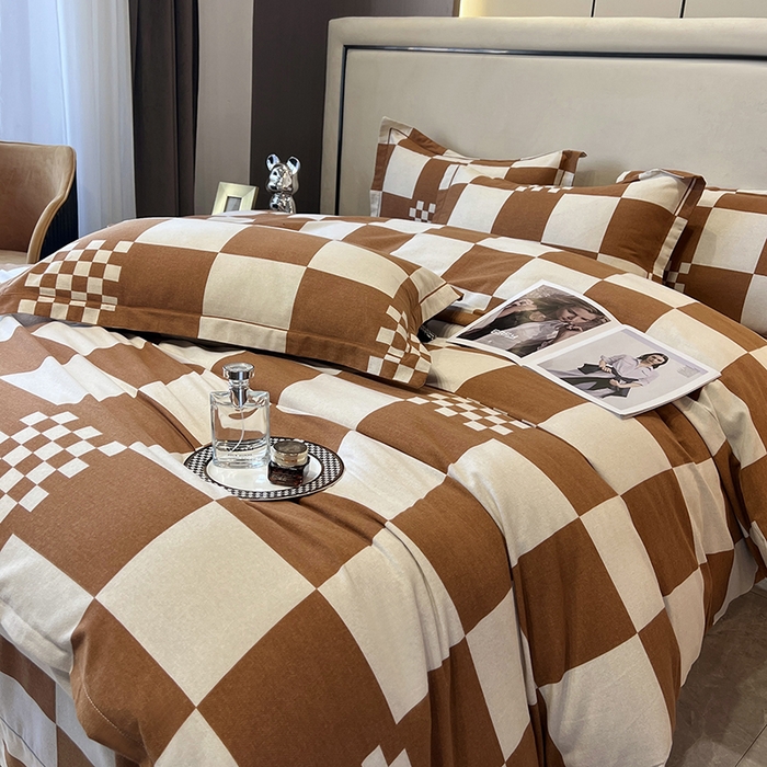 91家纺网 家纺一手货源 找家纺 塞纳 2026新款铂金暖绒加厚磨毛四件套 棋盘格-桔