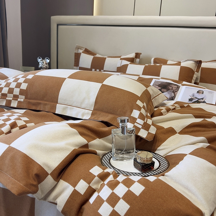 91家纺网 家纺一手货源 找家纺 塞纳 2026新款铂金暖绒加厚磨毛四件套 棋盘格-桔