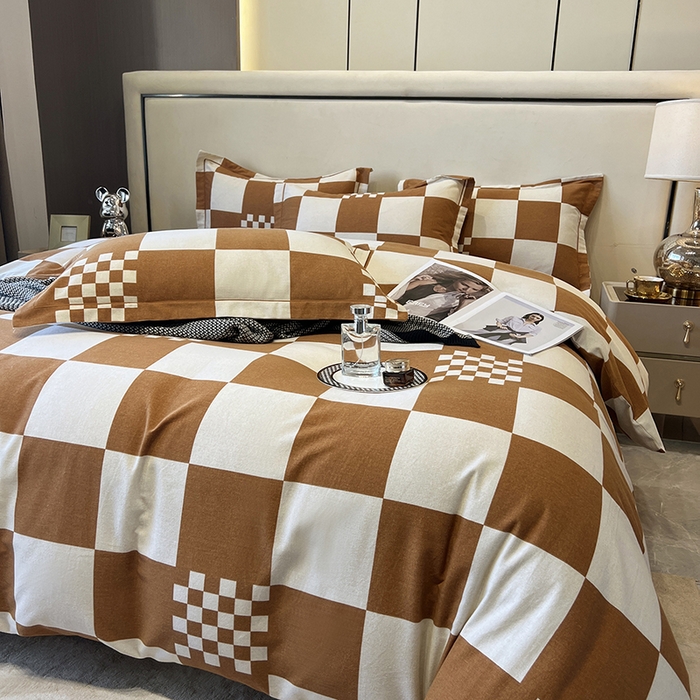 91家纺网 家纺一手货源 找家纺 塞纳 2026新款铂金暖绒加厚磨毛四件套 棋盘格-桔