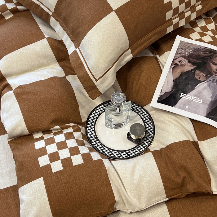 91家纺网 家纺一手货源 找家纺 塞纳 2026新款铂金暖绒加厚磨毛四件套 棋盘格-桔