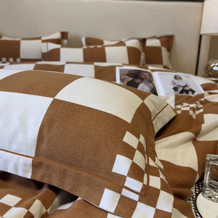 91家纺网 家纺一手货源 找家纺 塞纳 2026新款铂金暖绒加厚磨毛四件套 棋盘格-桔