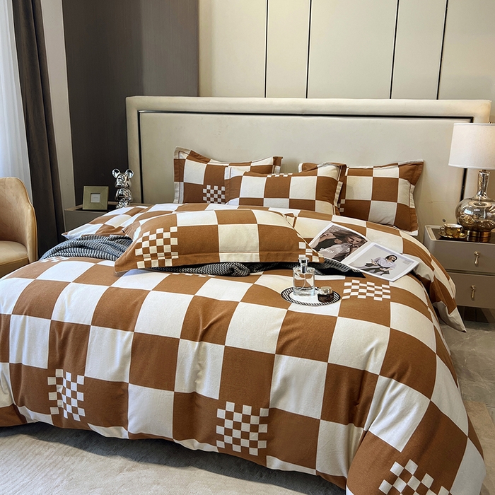 91家纺网 家纺一手货源 找家纺 塞纳 2026新款铂金暖绒加厚磨毛四件套 棋盘格-桔