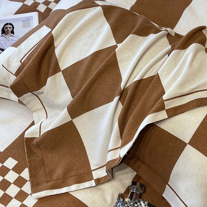 91家纺网 家纺一手货源 找家纺 塞纳 2026新款铂金暖绒加厚磨毛四件套 棋盘格-桔