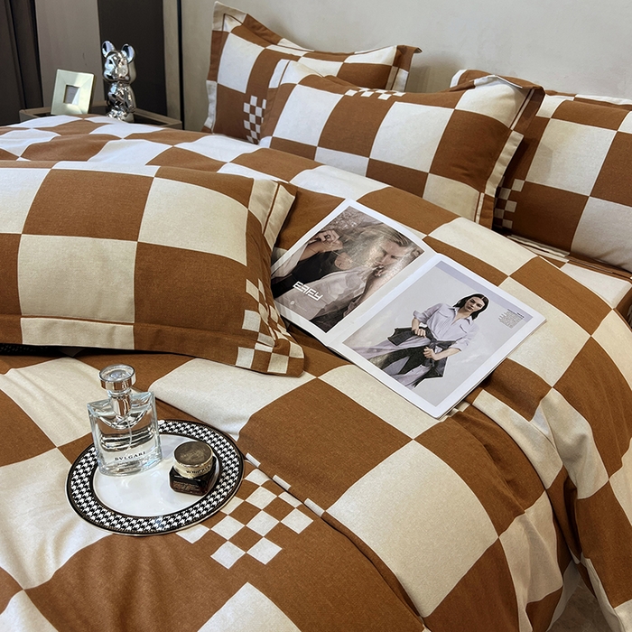 91家纺网 家纺一手货源 找家纺 塞纳 2026新款铂金暖绒加厚磨毛四件套 棋盘格-桔