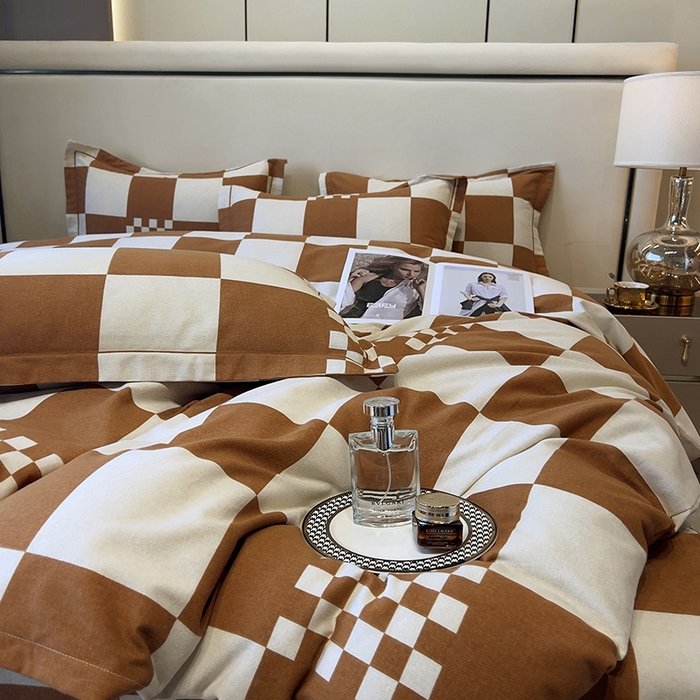 91家纺网 家纺一手货源 找家纺 塞纳 2026新款铂金暖绒加厚磨毛四件套 棋盘格-桔