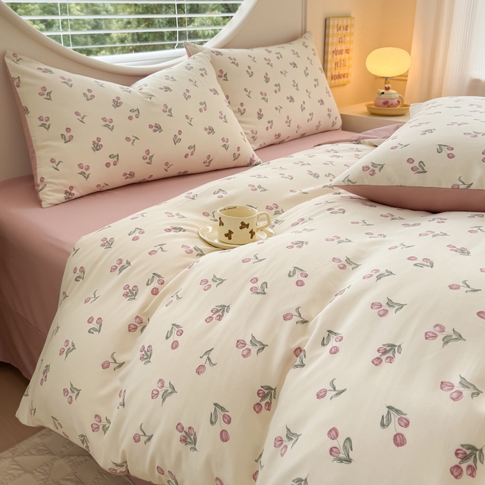 91家纺网 家纺一手货源 找家纺 爱多多家居 2026新款双层纱针织棉印花四件套 郁金香