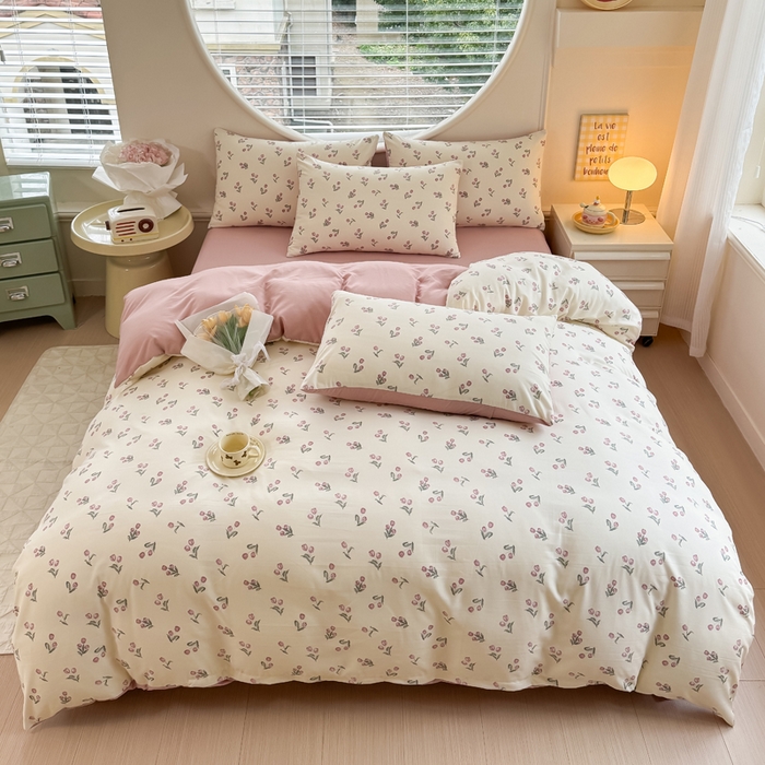 91家纺网 家纺一手货源 找家纺 爱多多家居 2026新款双层纱针织棉印花四件套 郁金香