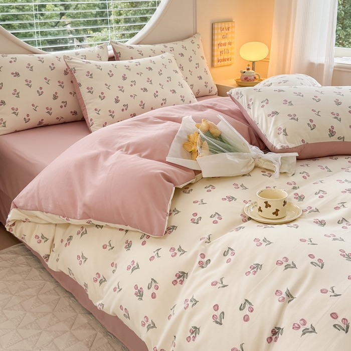 91家纺网 家纺一手货源 找家纺 爱多多家居 2026新款双层纱针织棉印花四件套 郁金香