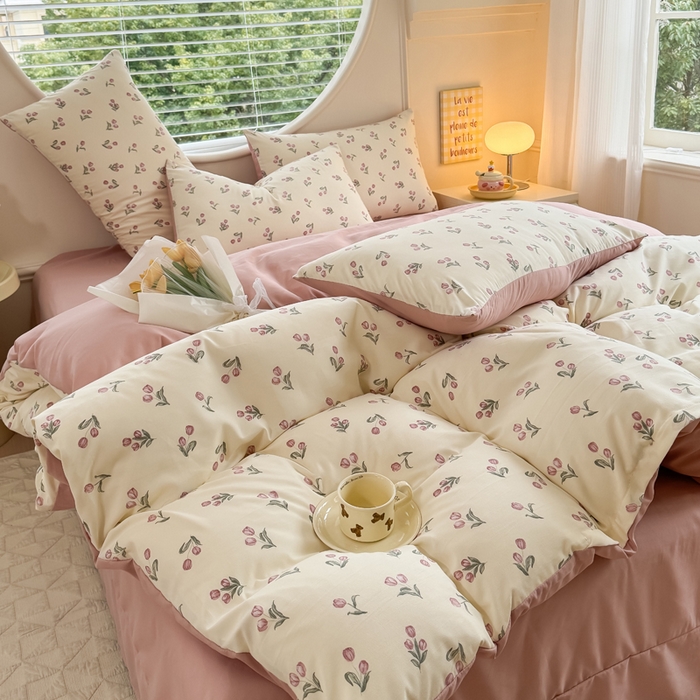 91家纺网 家纺一手货源 找家纺 爱多多家居 2026新款双层纱针织棉印花四件套 郁金香