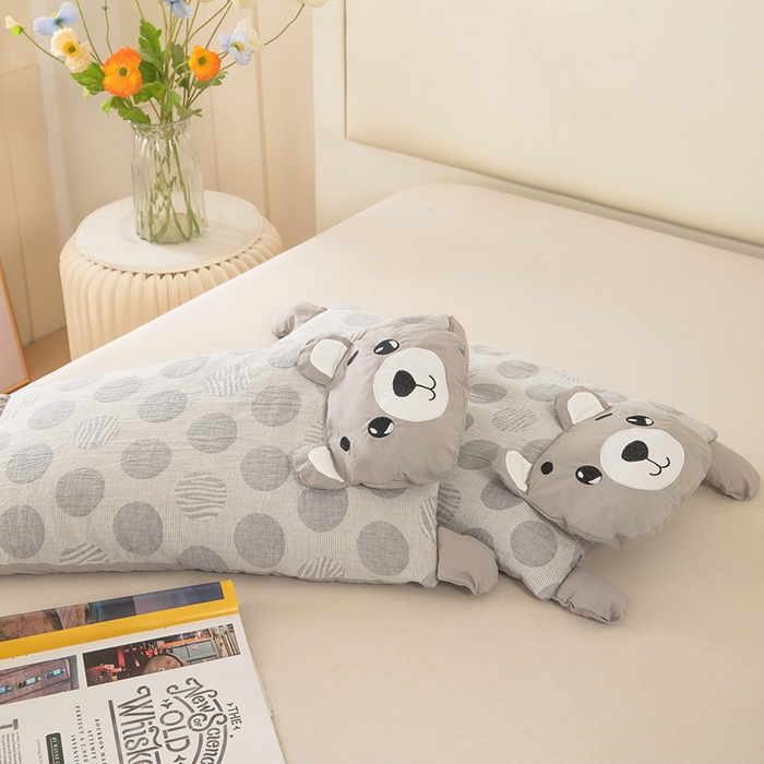 91家纺网 家纺一手货源 找家纺 梦莱家纺 2026新款波点熊水洗棉麻荞麦枕 波点熊-灰