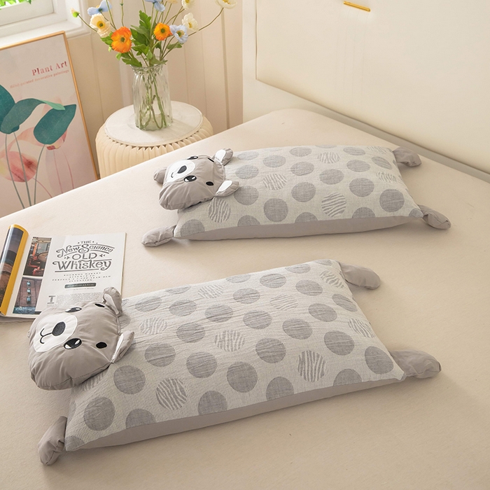 91家纺网 家纺一手货源 找家纺 梦莱家纺 2026新款波点熊水洗棉麻荞麦枕 波点熊-灰