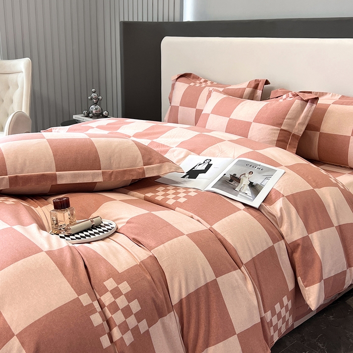 91家纺网 家纺一手货源 找家纺 塞纳 2026新款铂金暖绒加厚磨毛四件套 棋盘格-红