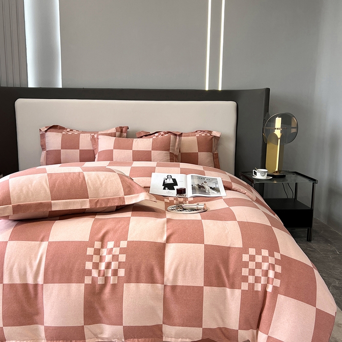 91家纺网 家纺一手货源 找家纺 塞纳 2026新款铂金暖绒加厚磨毛四件套 棋盘格-红