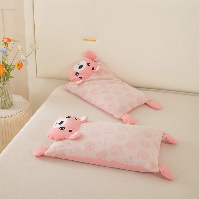 91家纺网 家纺一手货源 找家纺 梦莱家纺 2026新款波点熊水洗棉麻荞麦枕 波点熊-粉