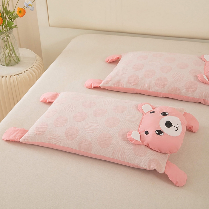 91家纺网 家纺一手货源 找家纺 梦莱家纺 2026新款波点熊水洗棉麻荞麦枕 波点熊-粉