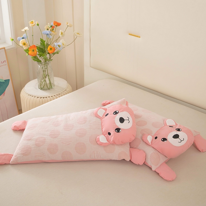 91家纺网 家纺一手货源 找家纺 梦莱家纺 2026新款波点熊水洗棉麻荞麦枕 波点熊-粉