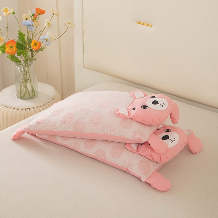 91家纺网 家纺一手货源 找家纺 梦莱家纺 2026新款波点熊水洗棉麻荞麦枕 波点熊-粉