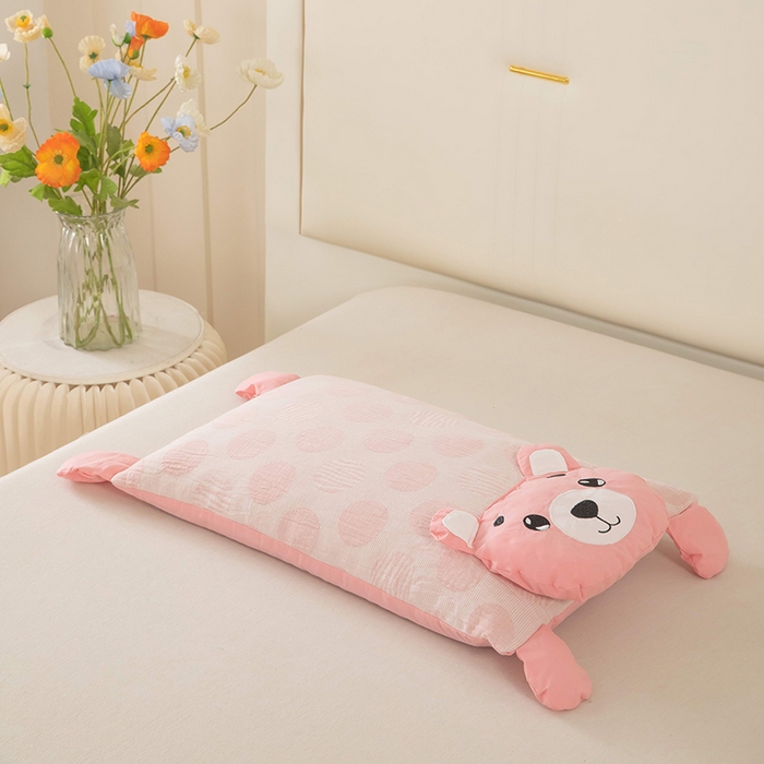 91家纺网 家纺一手货源 找家纺 梦莱家纺 2026新款波点熊水洗棉麻荞麦枕 波点熊-粉