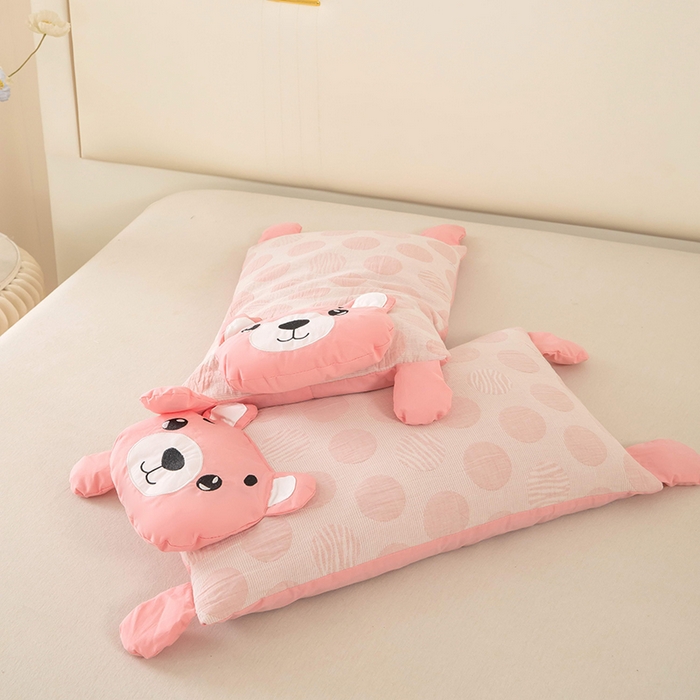 91家纺网 家纺一手货源 找家纺 梦莱家纺 2026新款波点熊水洗棉麻荞麦枕 波点熊-粉