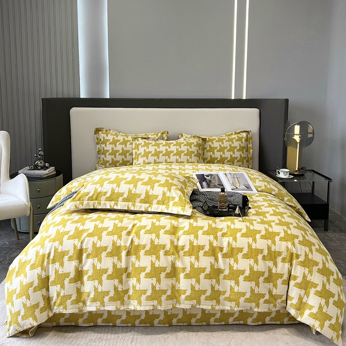 91家纺网 家纺一手货源 找家纺 塞纳 2026新款铂金暖绒加厚磨毛四件套 菱格-黄