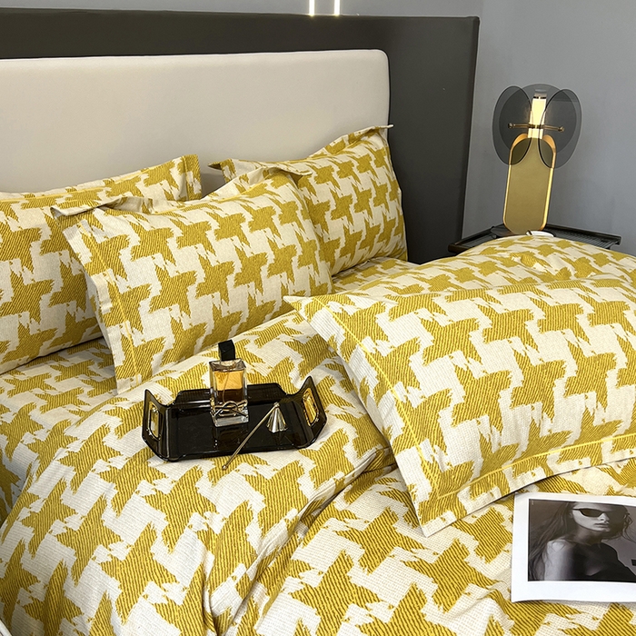 91家纺网 家纺一手货源 找家纺 塞纳 2026新款铂金暖绒加厚磨毛四件套 菱格-黄