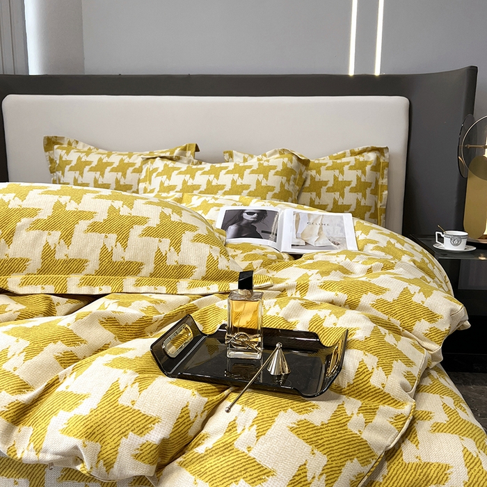 91家纺网 家纺一手货源 找家纺 塞纳 2026新款铂金暖绒加厚磨毛四件套 菱格-黄