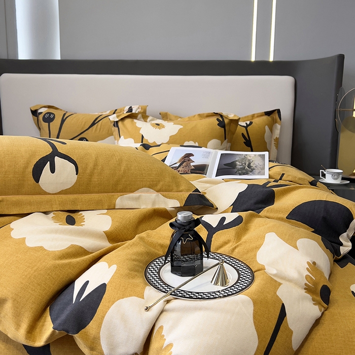 91家纺网 家纺一手货源 找家纺 塞纳 2026新款铂金暖绒加厚磨毛四件套 花之舞-黄