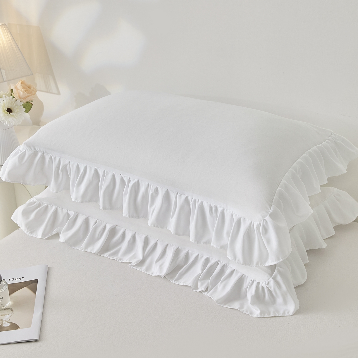 91家纺网 家纺一手货源 找家纺 衿成家纺 2026新款荷叶花边枕套纯色系列 白色