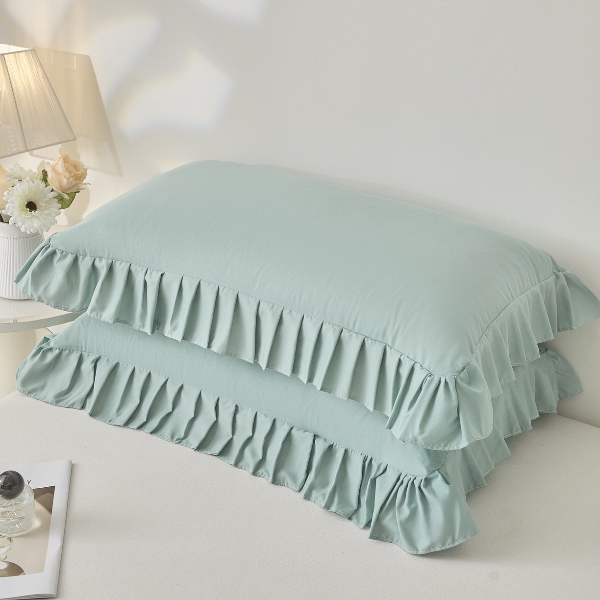 91家纺网 家纺一手货源 找家纺 衿成家纺 2026新款荷叶花边枕套纯色系列 墨绿