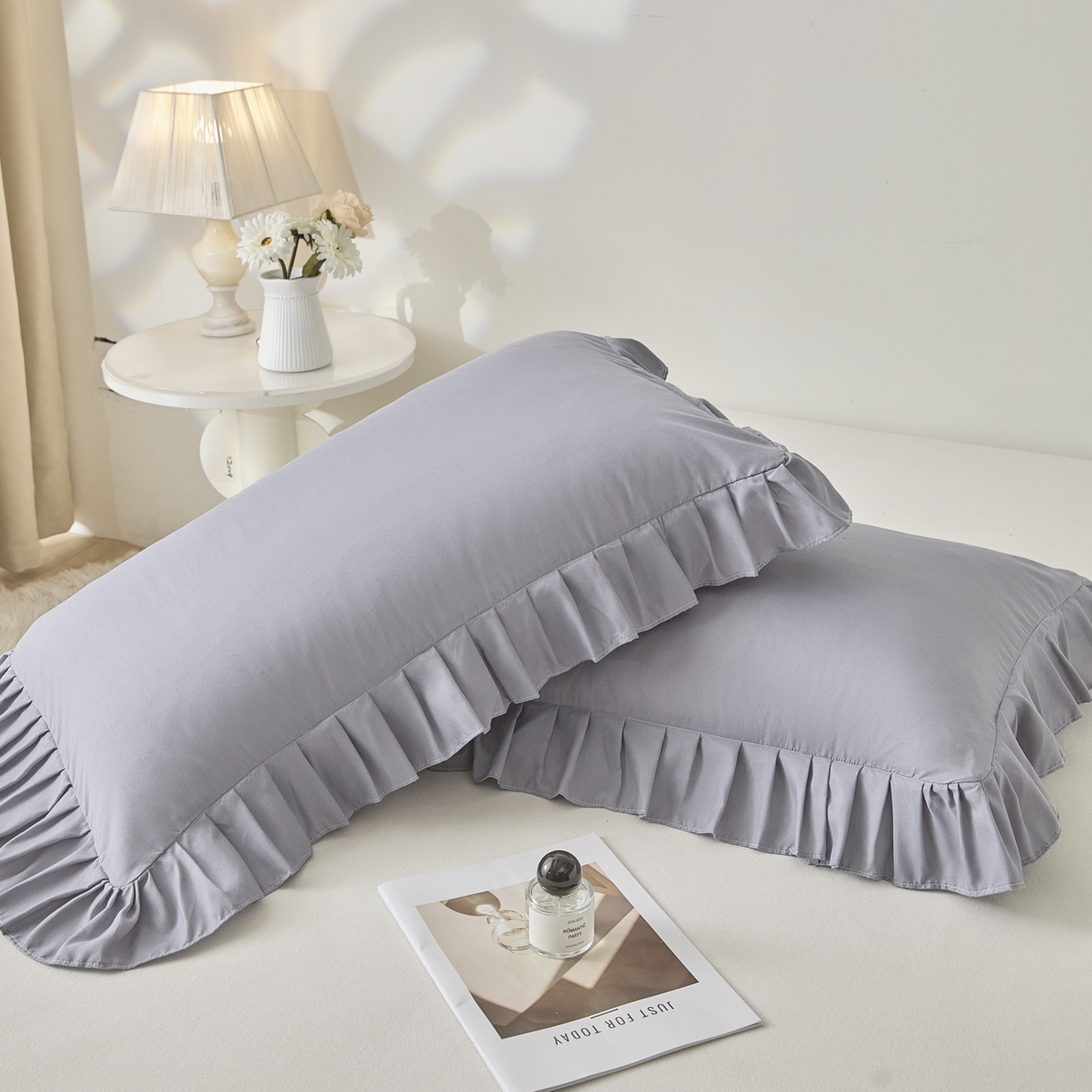 91家纺网 家纺一手货源 找家纺 衿成家纺 2026新款荷叶花边枕套纯色系列 浅灰