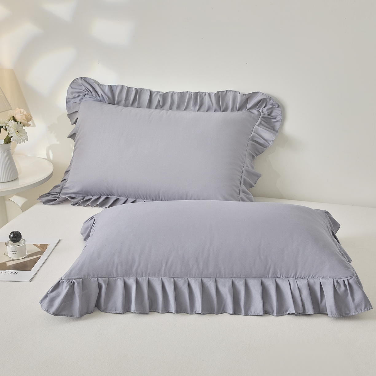 91家纺网 家纺一手货源 找家纺 衿成家纺 2026新款荷叶花边枕套纯色系列 浅灰